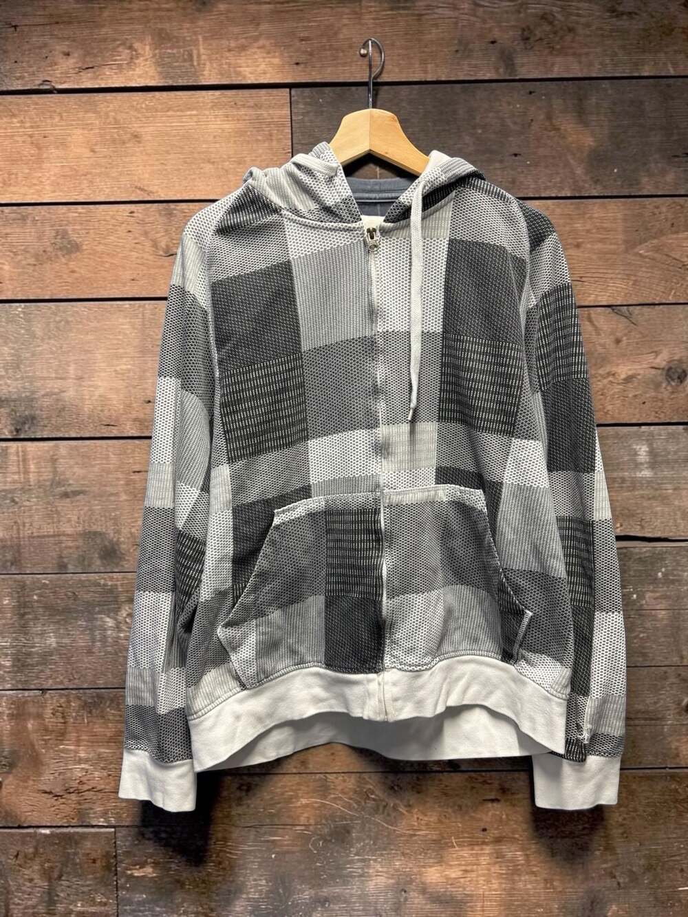 Ocean Pacific Op Vintage Y2K Full Zip Hoodie Gray Black Plaid Pattern